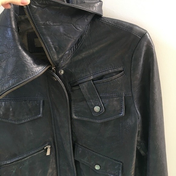 Punto Navy Leather Bomber Motto Jacket US 4 - Picture 7 of 16
